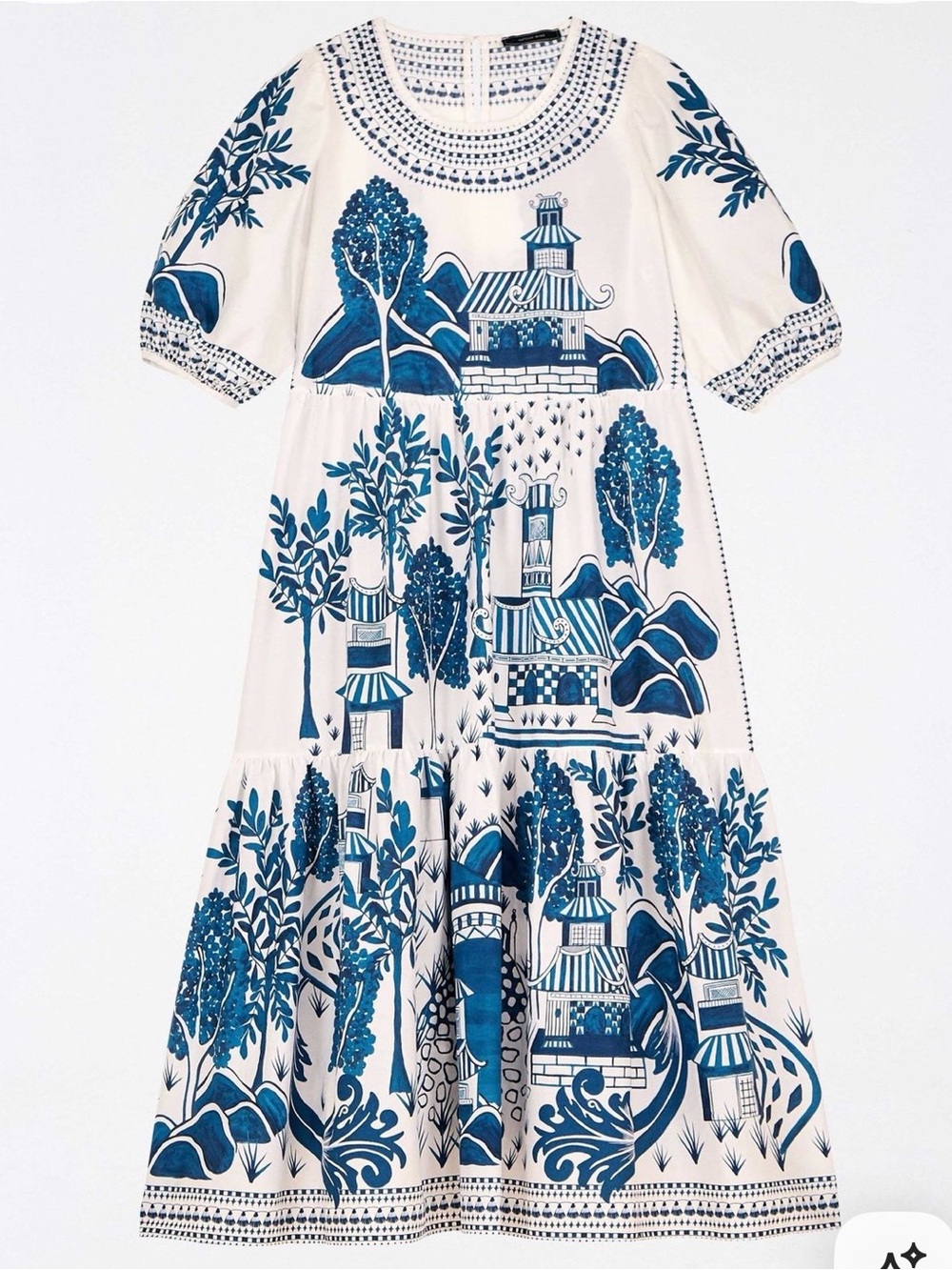 FARM Rio White Maxi Dress with Blue Scenic Print